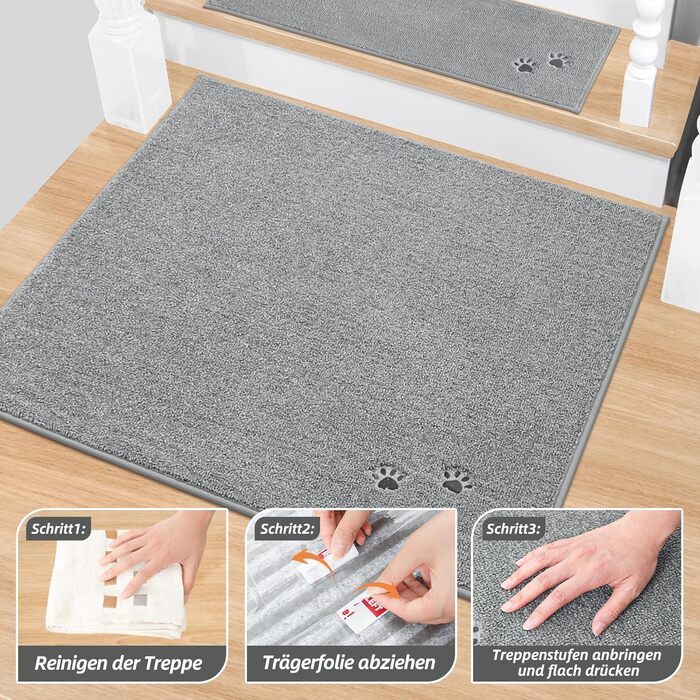 BEQHAUSE Non-Slip Stair Treads - 15 Piece Set - Washable Carpet for Kids, Seniors & Pets - 22x70cm Polyester & TPE