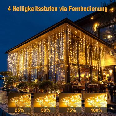 Льодовиковий штор LED 3x3м, 300 LED, з пульт, 10 гачків, USB, для декору, вікна, кімната, балкон, тепле світло, PVC