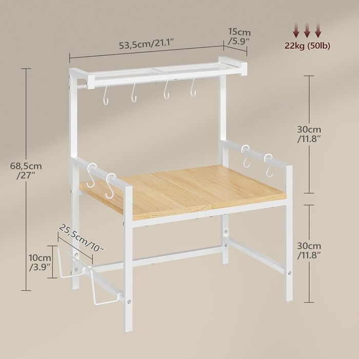 Поличка для мікрохвильової печі, кухонна поличка, 2 яруси, з підставкою для обробної дошки, органайзер з 8 гачками, коричнева, ABRBN5301