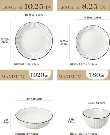 Набір посуду MALACASA LEILA для 6 осіб, 24 предмета: тарілки, миски, порцеляна, ручне рельєфне оформлення, підходить для мікрохвильової печі та посудомийної машини, білий з чорним контуром