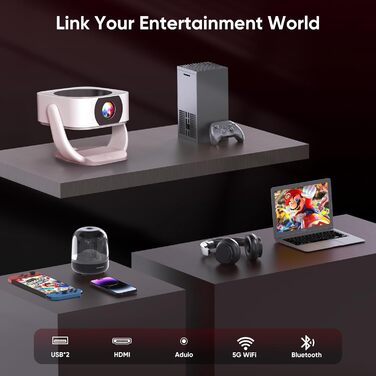 Портативний проєктор 4K Native 1080P з Wi-Fi, Bluetooth та автоматичною корекцією трапецеїдальних спотворень. Підходить для домашнього кінотеатру та використання на відкритому повітрі. Сумісний з ноутбуком, смартфоном та мишкою.