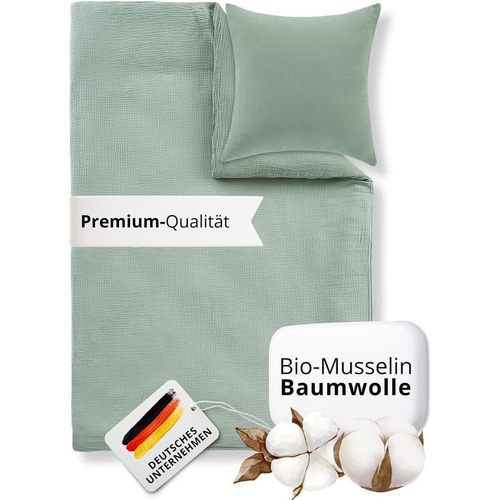 Набір постільної білизни для дитячого ліжечка Kinderbettwäsche 100x135: 2 шт. | Сертифікат ÖkoTex, підходить для алергіків | Набір муслінової постільної білизни з 1 простирадлом 135x100 та 1 наволочкою 40x60 | Хакі 100 см x 135 см Хакі