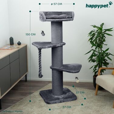 Преміум кігтеточка HAPPYPET 'Фредді' – 150 см, для Мейн-куна, з натурального сизалю, товсті стійкі стовпи (сіра)