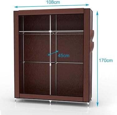 INTIRILIFE Folding Wardrobe 108x170x45 cm - Fabric wardrobe with zipper and clothes rail, side pocket and compartments - shelf, metal frame, storage (Coconut Brown)