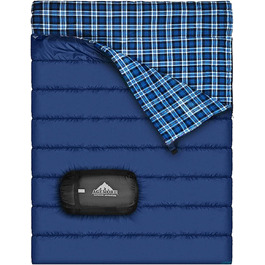 Cotton Flannel Double Sleeping Bag for Camping, Hiking, and Backpacking - Queen Size 2 Person Waterproof Sleeping Bag for Adults & Teens - Lightweight Blue/Blue