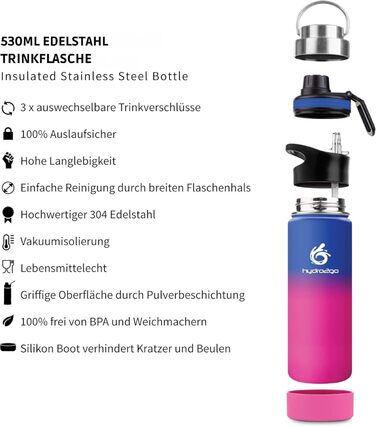 Stainless Steel Water Bottle – BPA-Free Thermo Bottle for Kids, School, Sports & Outdoors – Keeps Drinks Hot up to 12H and Cold up to 24H – Includes 3 Drinking Caps – (Passion, 530 ml)