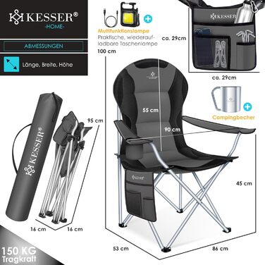 Крісло для кемпінгу KESSER® - складне, до 150 кг, з підлокітниками, високою спинкою, для риболовлі, відпочинку, пляжу, з підсвіткою, тримачем для напоїв, сумка, бежевий (антрацитовий/чорний)