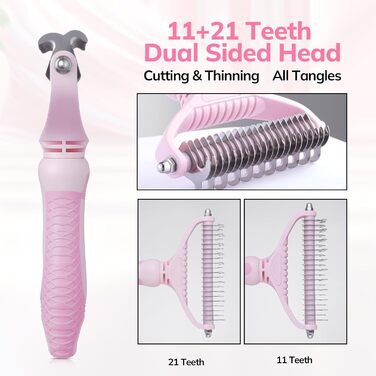Щітка для собак та котів, гребінець для тварин з нержавіючої сталі 12+23 зубці, двостороння для видалення шерсті та розплутування, для дому (L, вишня, рожевий)