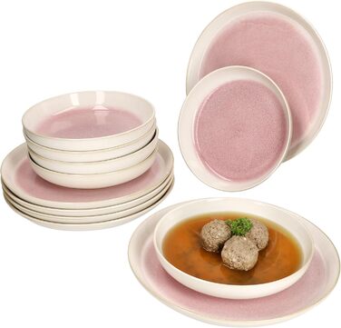MamboCat Tafelservice Paris: 12 предметів, кремово-рожевий, керамічний посуд для 6 осіб (6 тарілок суп 400мл + 6 тарілок для їжі)