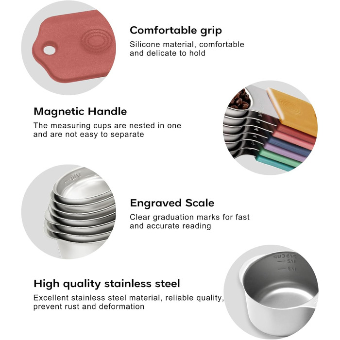 Magnetic Measuring Cup and Spoon Set, including 7 durable 304 stainless steel measuring cups and 8 magnetic measuring spoons with a leveler for cooking and baking (Color)