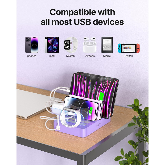 Зарядна станція SooPii USB з органайзером на 6 портів 50W, біла. В комплекті 6 кабелів та тримач для iWatch