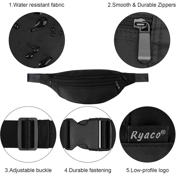 Чоловіча/жіноча поясна сумка RYACO: водонепроникна, для подорожей, спорту та активного відпочинку. Чорна
