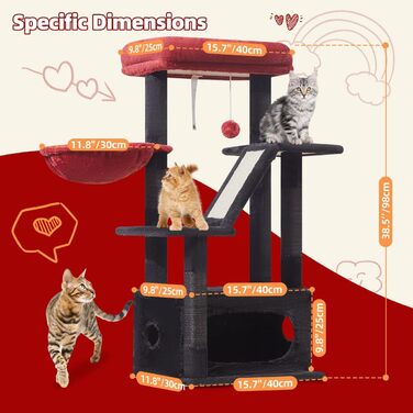 Драбина для котів Taoqimiao Klein, 98 см, з будиночком, корзиною, 4 стовпчиками для шліфування та іграшками, MS029SW (Чорний + Червоний)