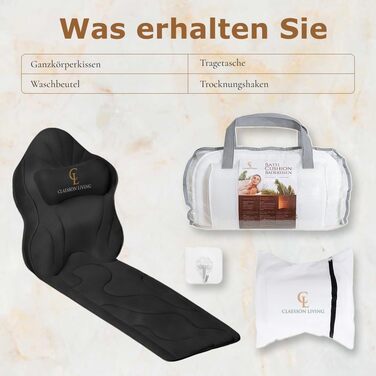Подушка для ванни повного тіла, 126x41 см. Килимок для ванни з підголовником (13 см) для підтримки шиї, спини та ніг. З мішком для прання та подорожей та гачком для сушіння. Білий (Темно-чорний)
