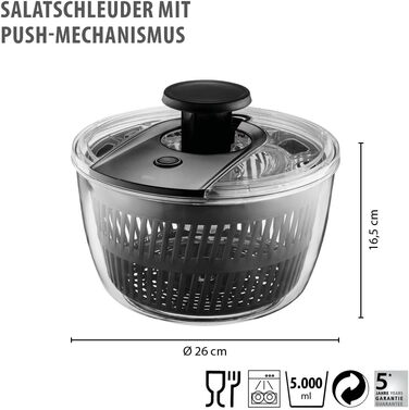 GEFU Салатниця-шпинька 5л з механізмом Push, вбудований виливний отвір та кнопка стоп, неслизька поверхня, придатна для миття в посудомийній машині, прозора