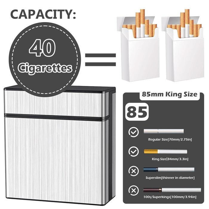 Металеве тютюнопакувальник для 40 сигарет, великий, з магнітною кришкою, сигаретна коробка XXL, для жінок та чоловіків (срібний)