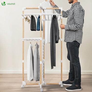 Сушарка для білизни VOUNOT Tower 3 рівні, складана, біла, з колесами - 25м, імітація дерева