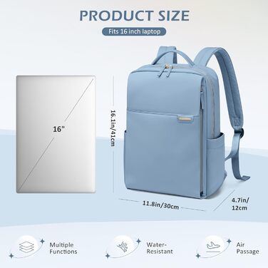 Рюкзак для ноутбука 16 дюймів, водонепроникний, для чоловіків та жінок, ідеальний для роботи, навчання, подорожей та велосипеда (Nebelblau, 16 дюймів)