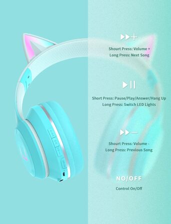 Бездротові навушники Bluetooth для дітей з LED-підсвіткою, котячими вушками та мікрофоном, HD стерео звук, складні, регульоване наголов'я, для дівчаток, PC/Tablet/навчання/школу (зелені)