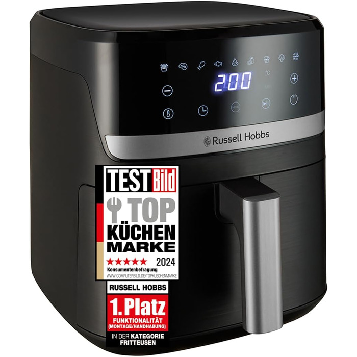 Фритюрниця Russell Hobbs Rapid AirFryer XL 5.5 л SatisFry – без олії, 9 програм, TouchScreen, чорний/сріблястий