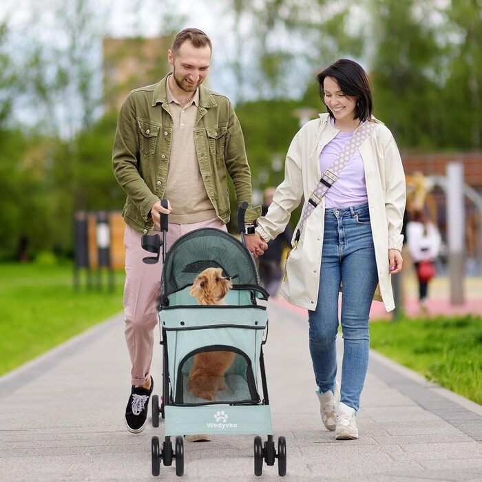 Дитяча коляска 3-в-1 для собак та котів, складна, з регульованою ручкою, 6 коліс, дихаюча сітка, великий об'єм (Блакитно-зелений)