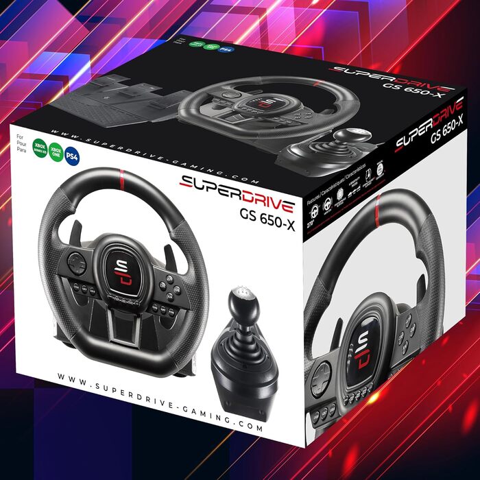 Руль для гонок Superdrive GS650-X з ручним перемиканням передач, 3 педалі, пелюстки перемикання, сумісний з Xbox Serie X/S, PS4, Xbox One (програмований для всіх ігор)