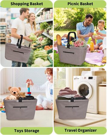 Складаний кошик для покупок 35L з 2 стійками, стабільний сімейний кошик з алюмінієвою ручкою, водонепроникний кошик для пікніка, практичний кошик для перенесення, великий для подорожей, кемпінгу, покупок, подарунка - Хакі