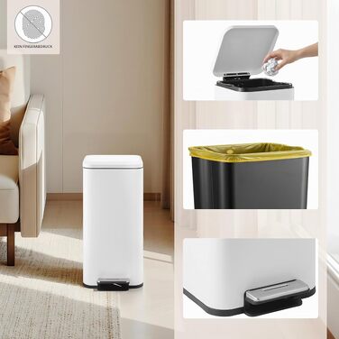 Сміттєвий відер з педаллю та кришкою Softclose hjh OFFICE CLEAN Slim, сталевий вузький кошик для сміття з внутрішнім відром, 30л, білий