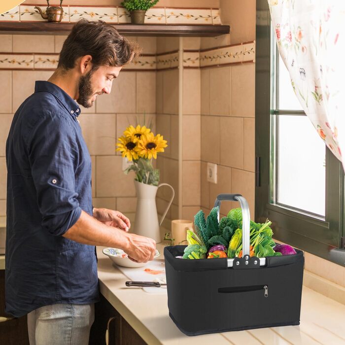 Складаний кошик для покупок 25L з міцними ручками та кишенею на блискавці, чорний