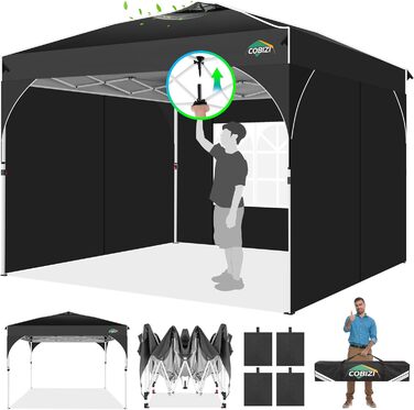 COBIZI Folding Gazebo 3x3, 3x3 Gazebo Waterproof Stable One Push UV Protection Outdoor Party Tent Corrugated Eaves Festival Tent Tent Garden Gazebo Pavilion Folding 3x3m With Carry Bag, (Black, 3x3 with 3 Side Walls)
