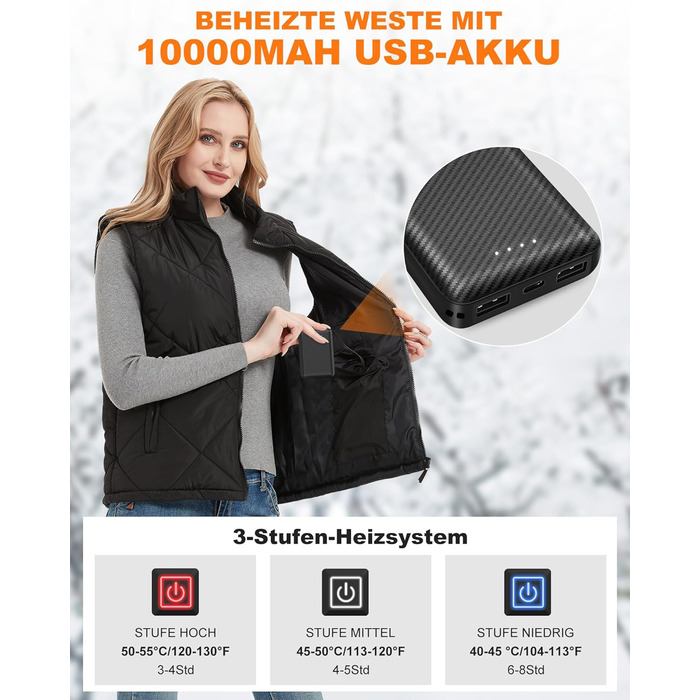 Електрична гріюча жилетка Fernida для чоловіків та жінок, 8 зон нагріву, 3 температурні режими, з Powerbank, для зимових активів на відкритому повітрі, чорна, розмір S