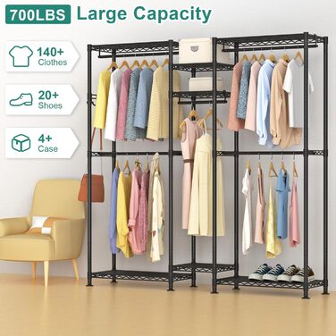 Clothes Rack, Clothes Rack, 4-Tier, Adjustable Closet Organizer System with Drawer | Double Rods | Side Hooks | Holds 445 lbs (L-shaped Clothes Rack for Corners)