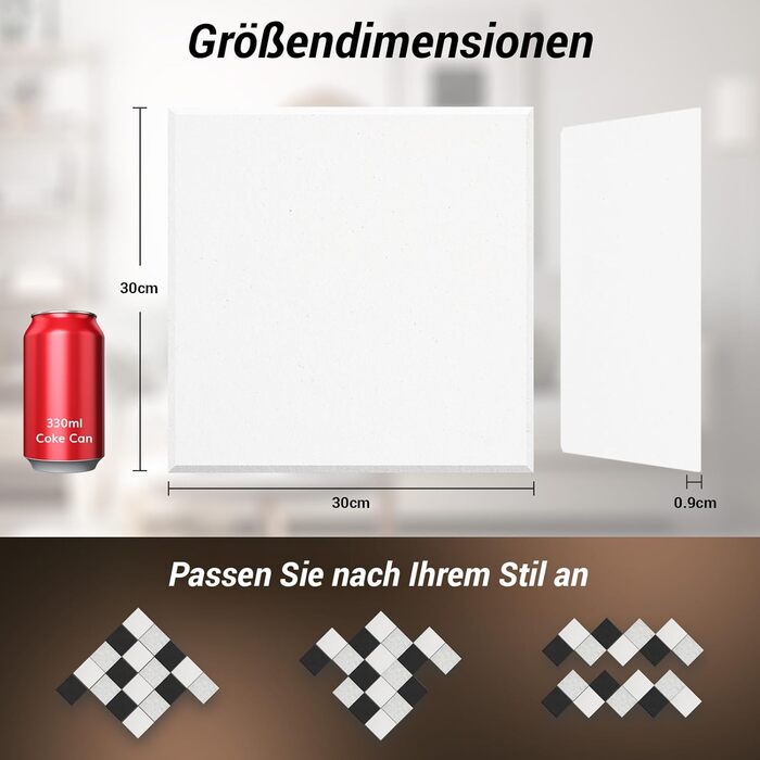 Акустичні панелі TONOR самоклеючі, квадратні 30x30x0.9 см, шумоізоляційні плити з поліестеру високої щільності для стін, стелі та дверей, 36 шт, білі