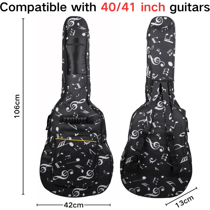Водонепроникний кейс для гітари SUQ Oxford, 40/41 дюймів, з принтом музичних нот, нейлон, Gigbag, для електро-, акустичної та концертної гітари, ударостійкий, 8 мм підкладка, водонепроникний (чорний)