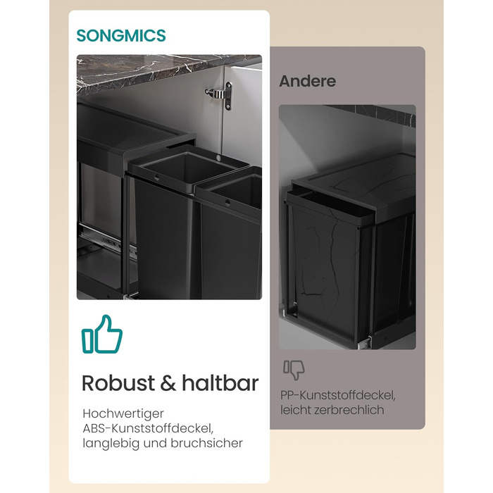 Відро для сміття SONGMICS 2 x 15 л з роздільними відсіками для нижньої шафи, сталевий каркас, ABS-кришка, чорний колір, LTB950B01