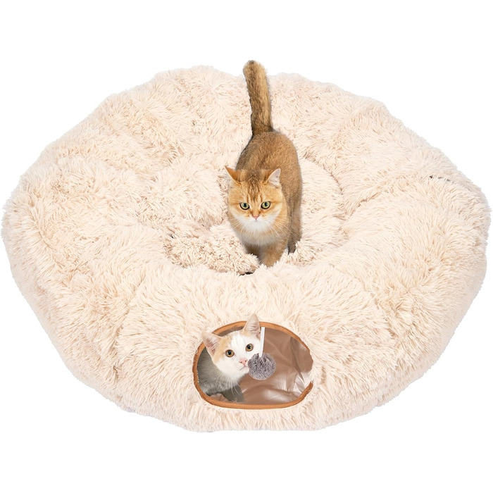 Cat Tunnel with Central Cushion, Soft Cat Toy Round Multi-Function Cat Bed - (Beige)