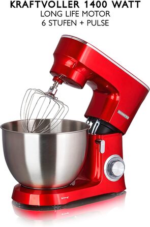 Кухонна машина Heinrichs 2500W з подвійним гаком для тіста, міксером та вінчиком, 8 швидкостей, чаша 8л з нержавіючої сталі, тиха, червона
