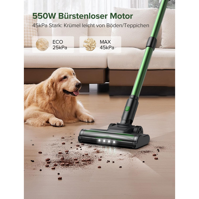 Бездротовий пилосос Vexilar Akku: 60 хвилин роботи, 45 kPa, 550 W, безщітковий мотор, LED дисплей, 6-в-1, тихий, для дому/авто, тверді підлоги, килими, шерсть тварин, зелений