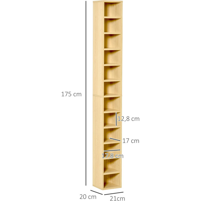 Шафа HOMCOM для зберігання CD, 12 секцій, 21x20x175 см, на 204 диски, колір бук бежевий
