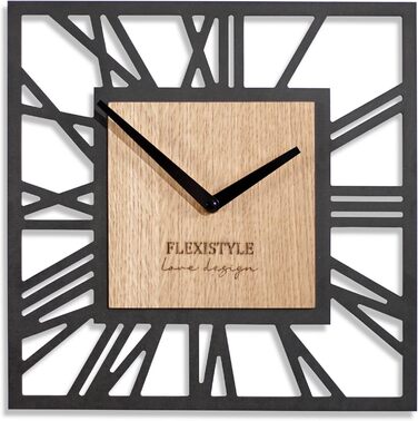 FLEXISTYLE Wall Clock No Ticking Sound Modern LOFT Piccolo Square 30cm Living Room Bathroom, z219n (Black Oak)