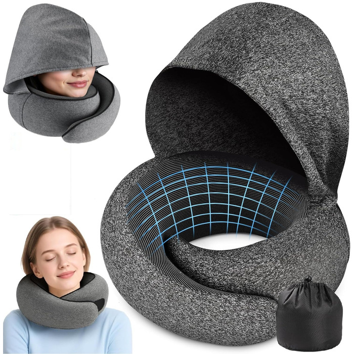 Подушка для шиї в літак з капюшоном, Memory Foam, для подорожей, офісу, авто. Зручно розкладається та зберігається.