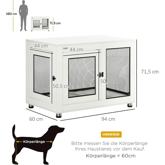 Клітка для собак PawHut з 2 дверцятами, знімний лежак, сучасна сталева собача будка для дому, підходить для великих собак до 30 кг, білий, 94x60x71,5 см