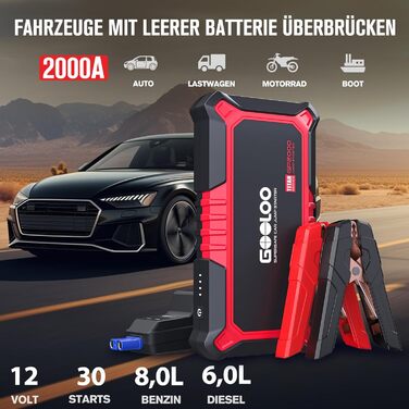 Powerbank Starthilfe GOOLOO GP2000 для автомобіля: 2000A, 12V, до 8.0L бензин/6.0L дизель, USB-швидка зарядка, LED, кабель для пуску