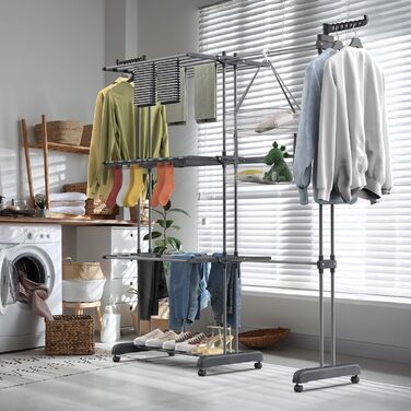 Сушарка для білизни Huracan 2в1: тур, розкладна, висувна, сіра. 3 яруси, 2 тримачі для шкарпеток та білизни.