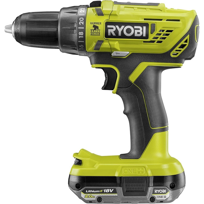 RYOBI 18V ONE+ акумуляторний ударний дриль-шуруповерт R18PD32-1C20G (2 швидкості, 50Nm, 24 ступ. крутного моменту, металевий патрон 13мм, 1x 2.0Ah акумулятор, зарядний пристрій) Generation 2 – безщітковий двигун