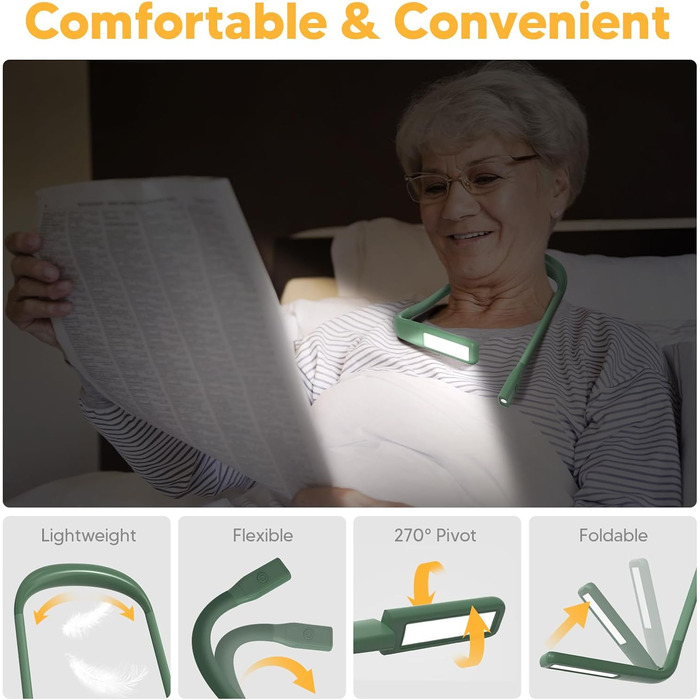 LED лампа на шию для читання Buch: світло для книги, в'язання, рукоділля (зелена). 3 режими освітлення