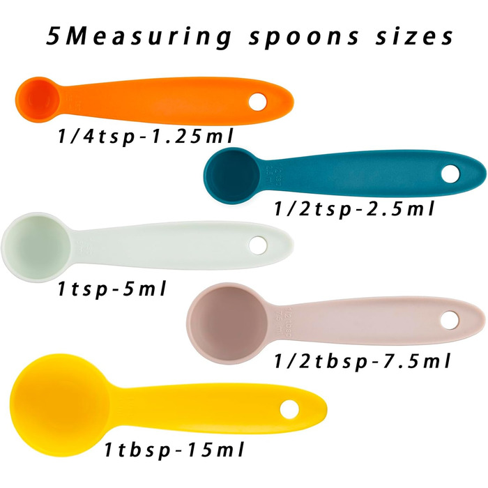Measuring cups and spoons, plastic, measuring cups and spoons for baking and kitchen use, engraved metric/US markings for liquid and dry measurement, BPA-free, colorful measuring cups and spoons