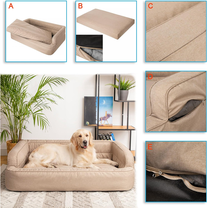 Dog bed, pet furniture, cat bed, removable cover, dog basket, dog cushion, dog lounger, sleeping places, dog sofa, Beige, XL: 96x62 cm