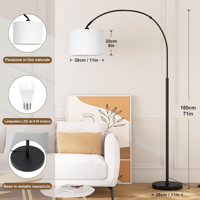 Торшер для вітальні Stehlampe з димером, LED E27, пульт ДУ, 3000K-6000K, бежевий (білий абажур + чорна база). Регульований кут нахилу 350°, висота 180 см.