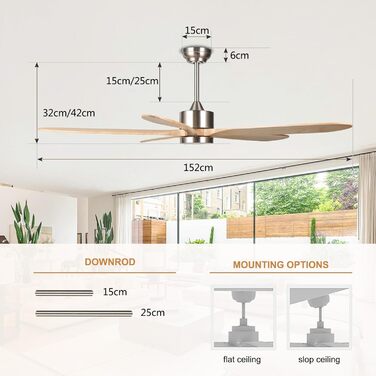 Стеляний вентилятор Reiga з імітацією дерева, 165 см, DC-двигун, керування пультом та Smart Home, 6 швидкостей, колір дерево, для внутрішнього/зовнішнього використання, з підсвічуванням